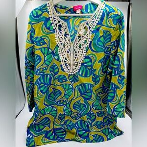 Cappagallo Blue Crochet V-Neck Tunic Top | 100% Cotton | Size L